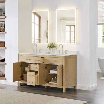 Beckett 60 Inch Double Bathroom Vanity in Green, Carrara Cultured Marble Countertop, Undermount Square Sinks (3-Hole), Matte Black Trim