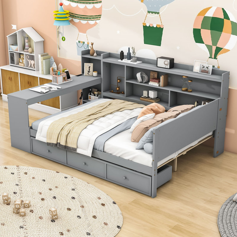 Lit de jour Assante avec bureau intégré et tiroirs de rangement intégrés, Gris, Double