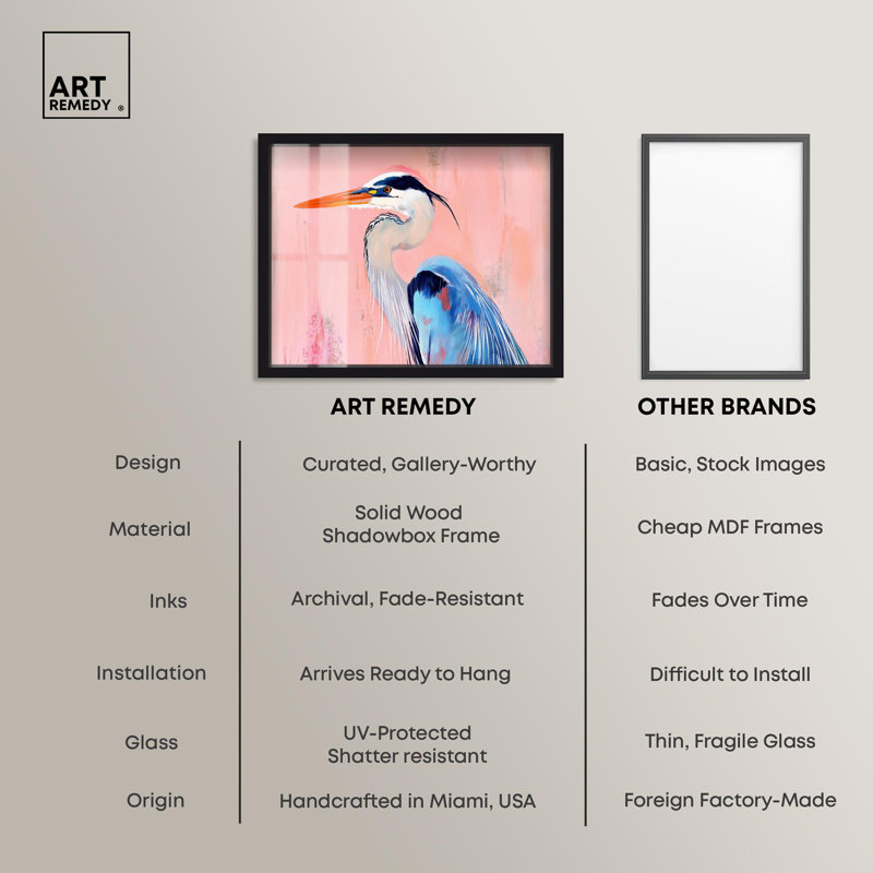 «Rosy Dawn Heron Shadowbox», art mural côtier par Art Remedy, H 17 po x l 21 po, Noir