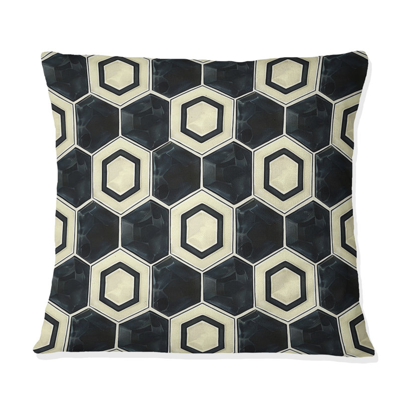 Coussin noir et blanc Hexagon VI - Mid-Century, H 18 po x l 18 po