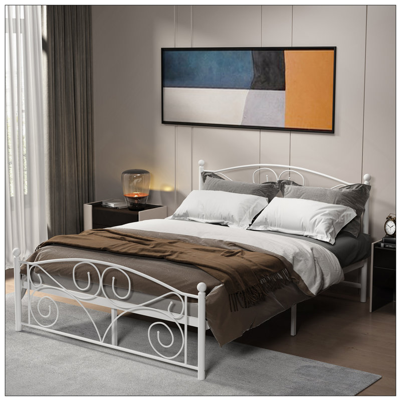 Structure de lit unique en métal robuste avec tête et pied de lit, Beige, Double