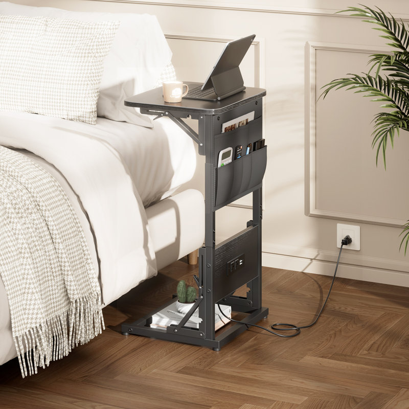 C Shaped End Table With Charging Station, Couch Side Table With Storage Bag, Height-Adjustable And Foldable TV Tray With 2 USB Ports And Outlets For Living Room, Bedroom, Black