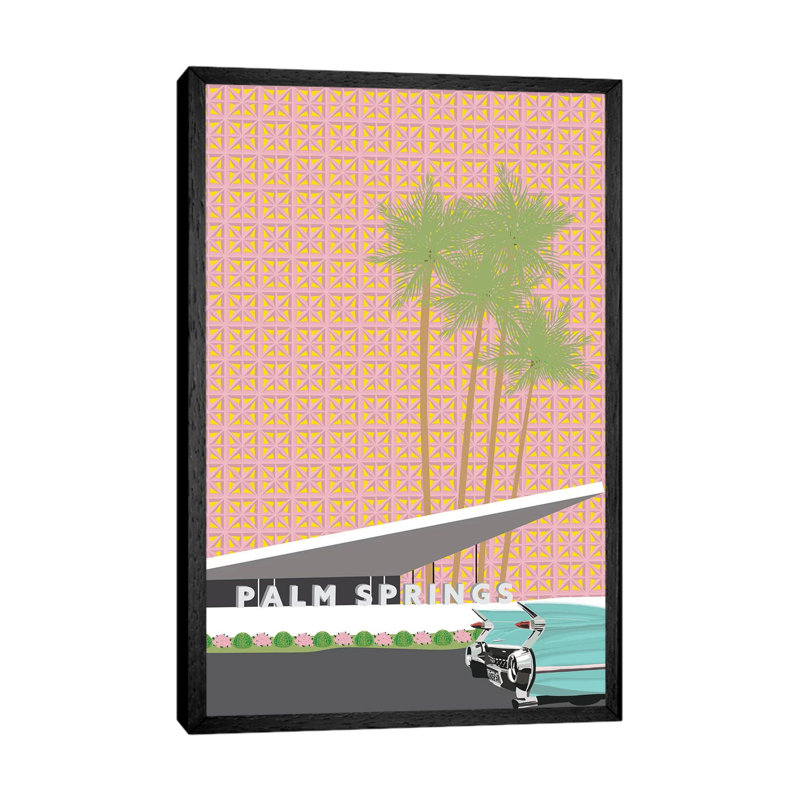 Palm Springs With Convertible by Jen Bucheli - Print on Canvas, 101.6cm H x 66.04cm W x 3.81cm D, Black Framed