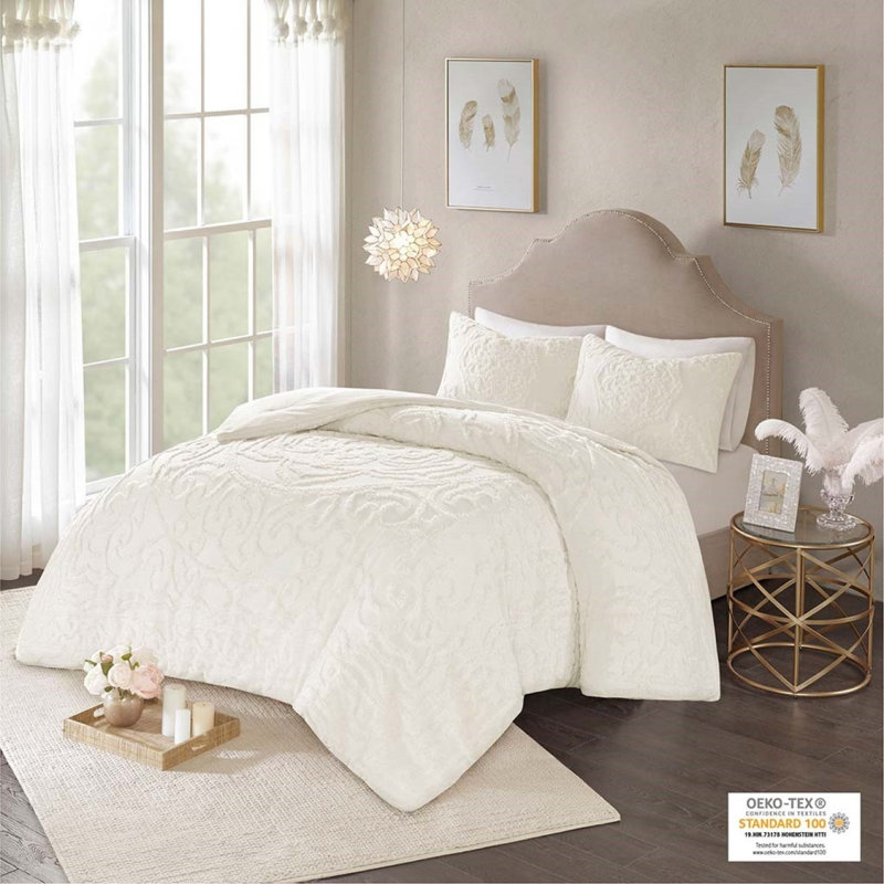 Ensemble d'édredon en médaillon 3D en coton touffeté 3 pièces, Édredon pour grand lit + 2 taies décoratives, Blanc cassé
