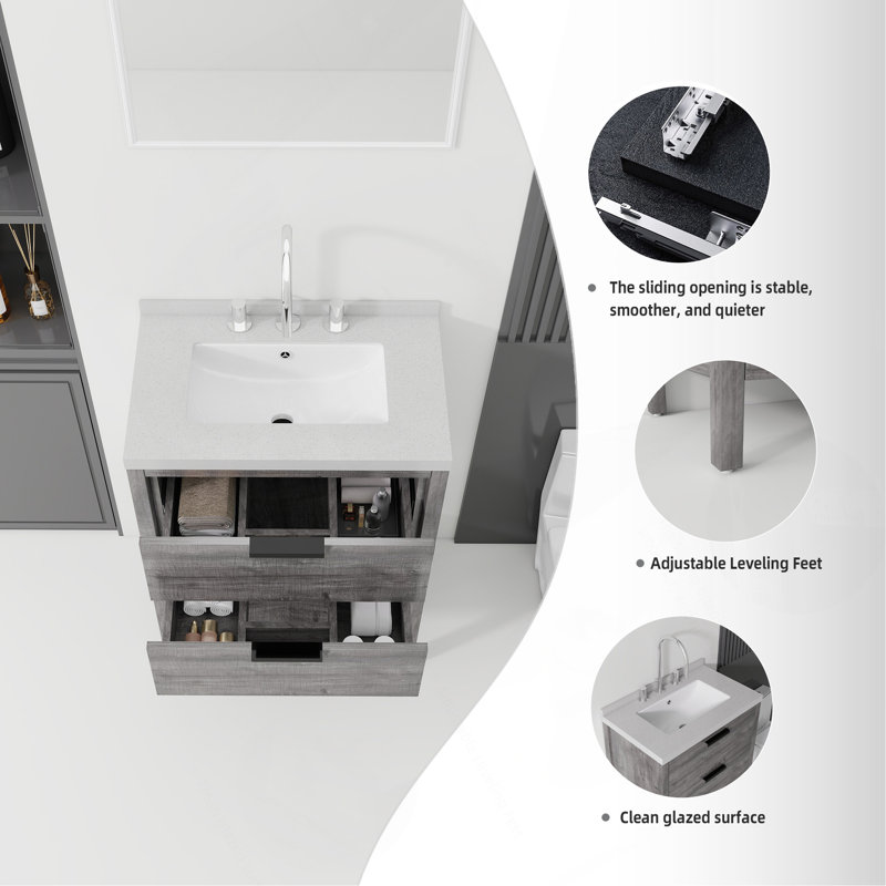 Meuble-lavabo autoportant de 61 cm avec lavabo, tiroir à fermeture amortie, comptoir et dosseret en marbre synthétique blanc granité de 5 cm, contreplaqué