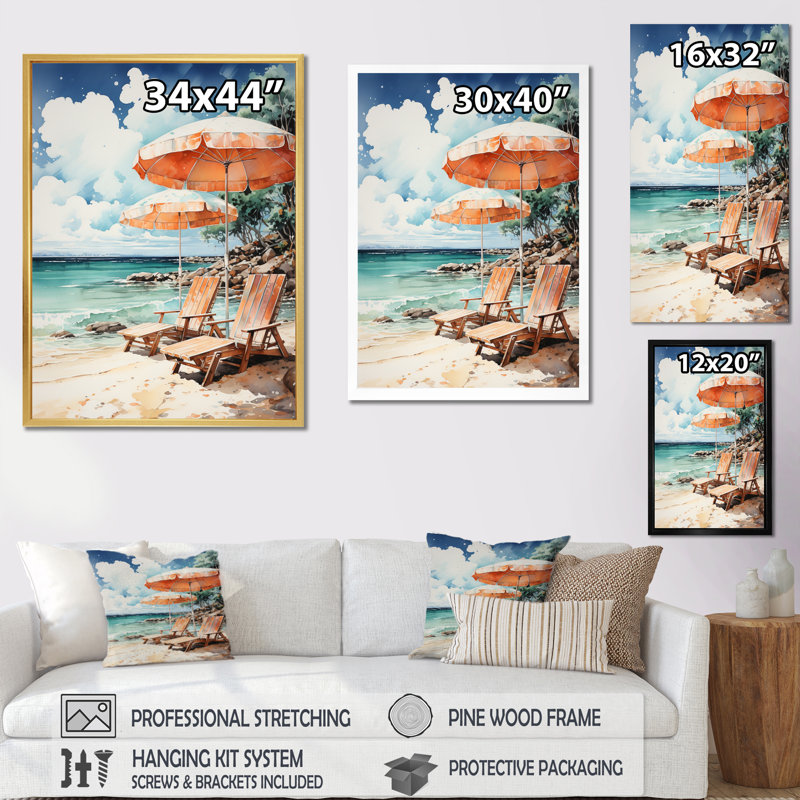 «Vintage Beach Chairs Scenery II», reproduction sur toile, Cadre photo noir, H 20 po x l 12 po x P 1 po