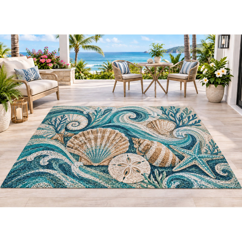 Tapis d'extérieur 152 x 213 cm (5' x 7') à motifs coquillages, étoiles de mer et vagues, en PVC épais, imperméable et bouclé, idéal pour terrasse, balcon, VR et autres espaces extérieurs. Séchage rapide.
