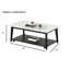 Table basse rectangulaire de style contemporain avec plateau de rangement inférieur en marbre et roulettes au fini blanc et noir