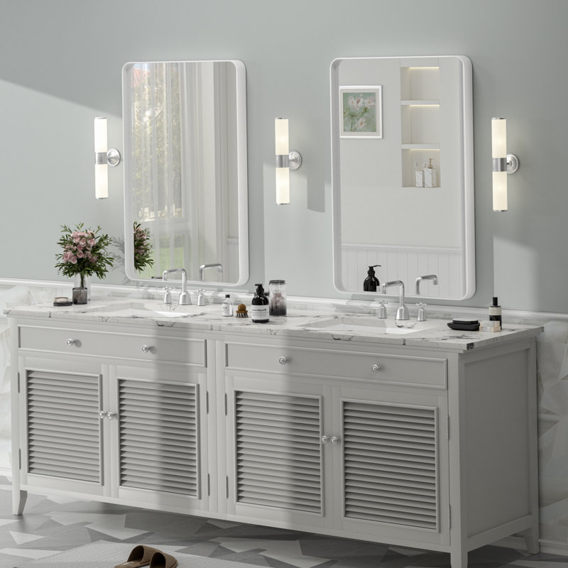 Miroir de salle de bain mural en verre trempé et métal Molly, 36 po x 24 po, Blanc, Rectangle(Rounded Corner)