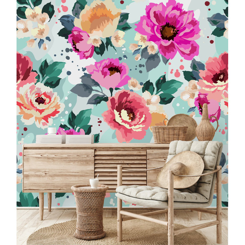 Panneau de papier peint adhésif 8,33 pi x l 100 po Brightly Flowers, L 8,33 pi x l 100 po