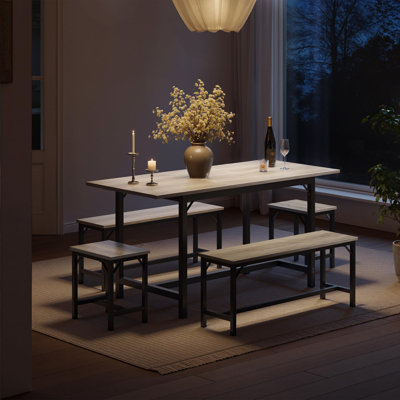 5-Piece Dining Table Set, 63" Extendable Dining Room Table with 2 Benches and 2 Square Stools, Kitchen Table Set