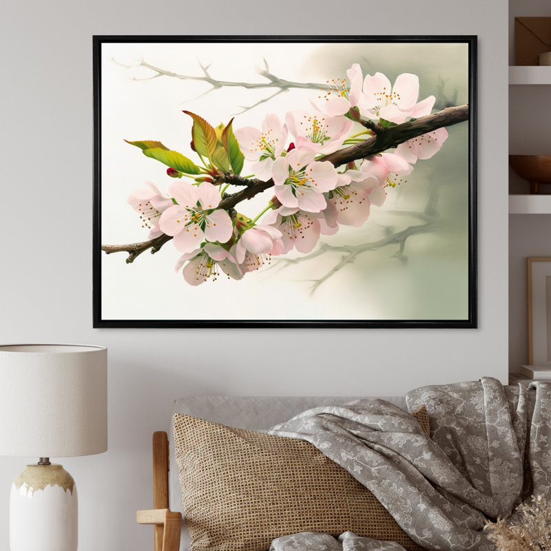 Impression sur toile Minimalist Pink Cherry Blossoms I sur toile, H 34 po x l 44 po x P 1,5 po, Cadre flottant noir