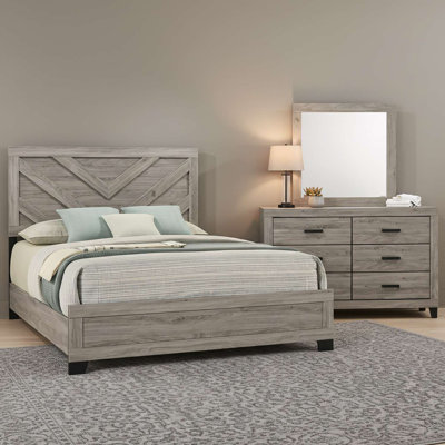 Ensemble de chambre à coucher de très grande taille avec tête de lit à chevrons en finition de bois gris clair, commode à 6 tiroirs et miroir