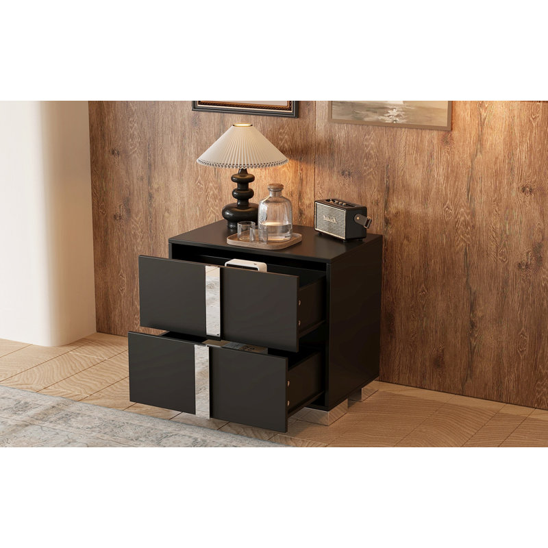 Table de chevet élégante avec poignée en métal, table de chevet à miroir avec 2 tiroirs pour la chambre à coucher et le salon