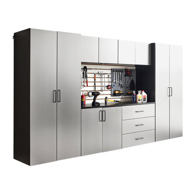 Série, Armoire de garage, Finition gris métallique, Fonction, Résistance à l'eau et à la chaleur, Tableau de qualité E0, Tablettes réglables en hauteur sur dispositif, Système de support double en métal robuste de 7 A à partir de 128 po Large X