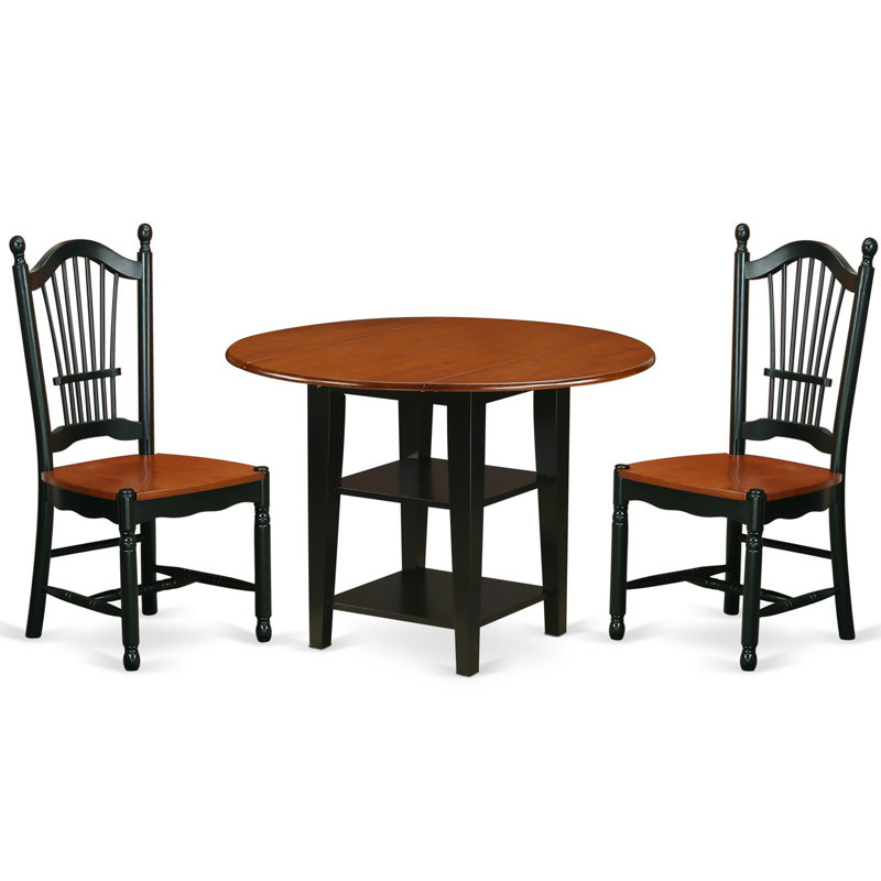 L'ensemble de salle à manger 3 pièces comprend une table de salle à manger ronde avec Dropleaf et tablettes et 2 chaises de cuisine, noir et cerise