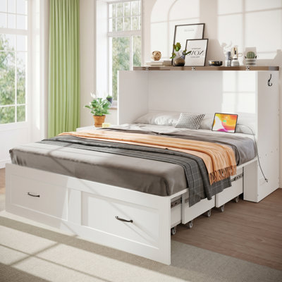 Full Murphy Bed Cabinet With Storage Drawer & Charging Station, Foldable Platform Cabinet Bed For Guest Room, Living Room, Home Office & Small Spaces