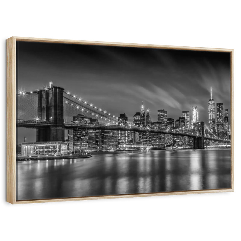 Brooklyn Bridge Nightly Impressions, Cadre flottant en bois naturel, 19 po x 13 po