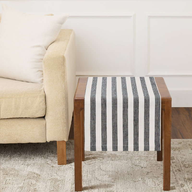 100% Pure Linen Table Runner - Sorrento Stripe, 120" x 14", Black/Natural