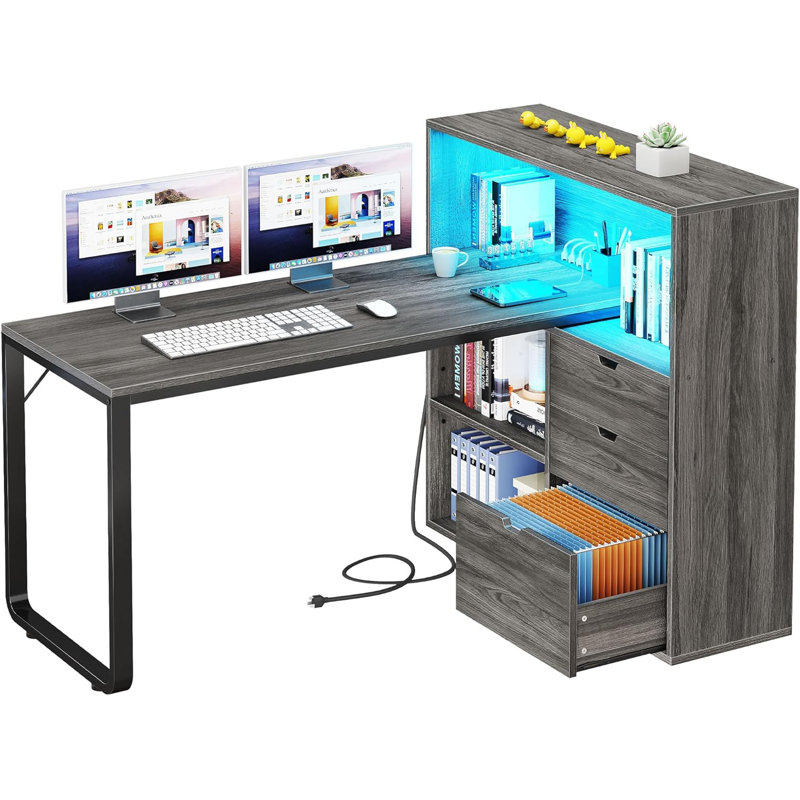 L-Shaped Computer Desk With Integrated Power Outlets, RGB LED Lighting, And File Cabinet, Featuring Ample Storage And Adjustable Shelves For Home Office Workspace