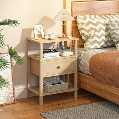 Table de chevet avec station de charge et ports USB, table de bout à 3 niveaux avec tablette de tiroir, table de chevet pour petits espaces, table de chevet en bois pour le salon, chambre à coucher - bois naturel