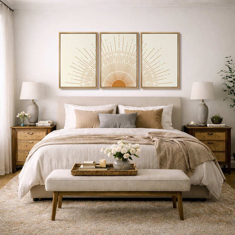"Bright Orange Boho Sun Burst Artwork, Mid-Century Modern Organic Minimalist Wall Walls", reproduction d'art numérique sur toile encadrée, 3 pièces