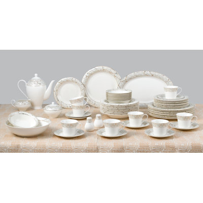 Lorren Home Trends Bone China Dinnerware Set, White With Marble Pattern And Gold Trim, 57 Piece Service For 8, Formal Dining Collection