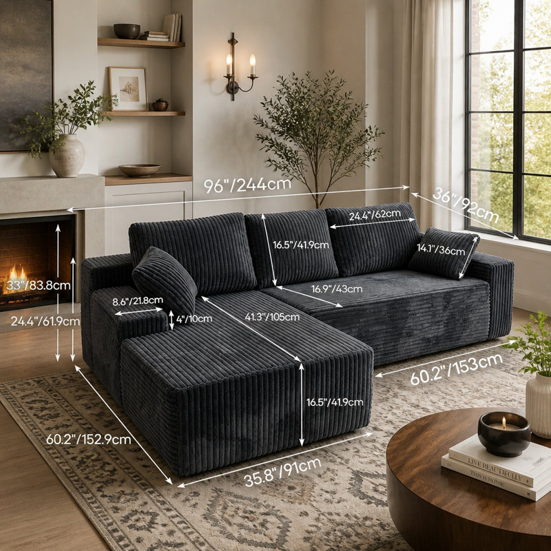 Canapé d'angle sans dossier de 244 cm (96 po), canapé modulaire moderne en velours côtelé, angle gauche, gris