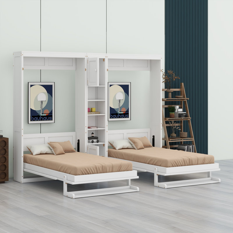 Lits escamotables à double paroi avec armoires et tablettes, Blanc