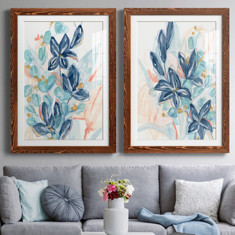 «Blooming Blues I», ensemble de 2 reproductions d'art, H 37,5 po x l 55 po x P 1,5 po, Papier avec cadre érable, Blanc