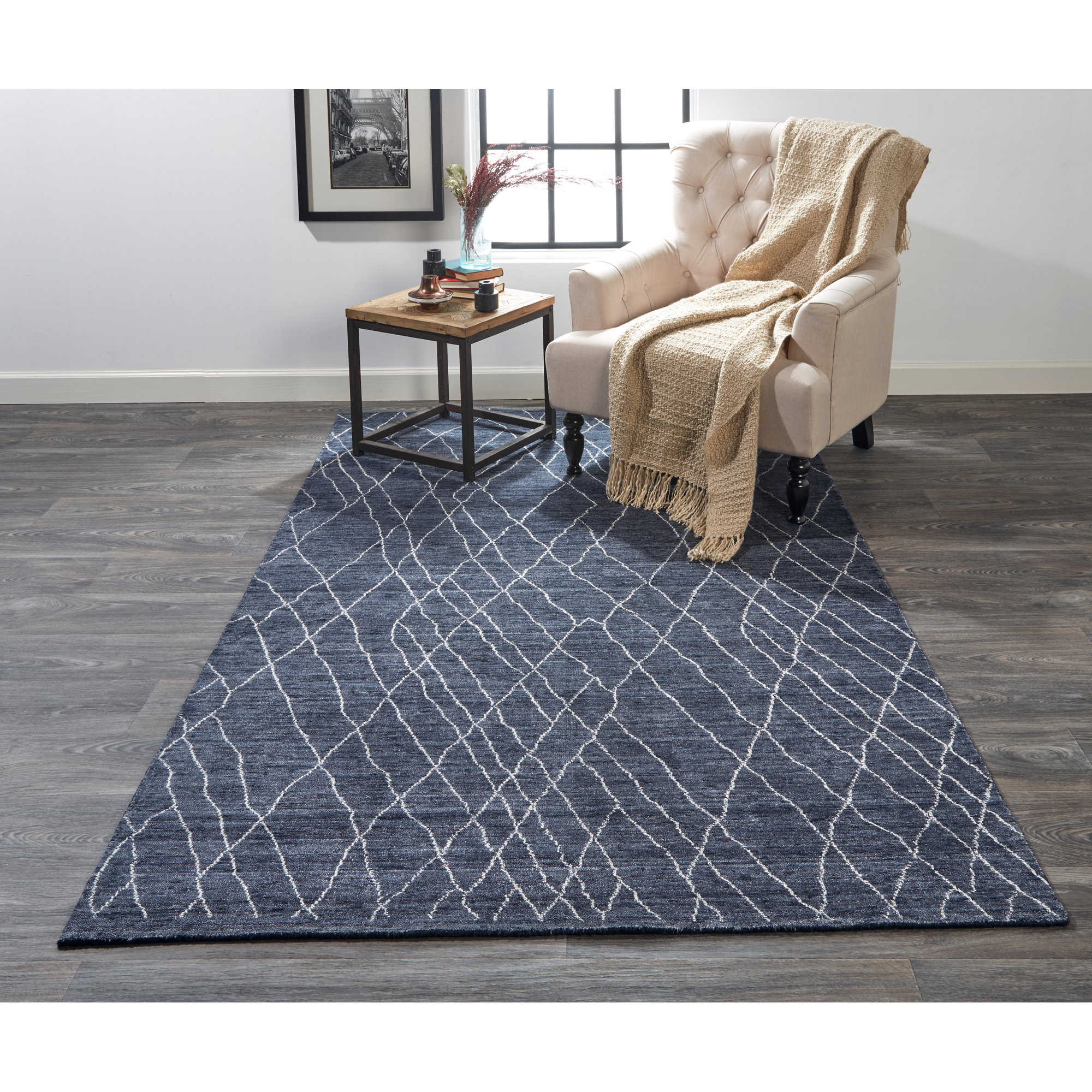 Orville Handmade Viscose Navy Rug, Rectangle 5' x 8'
