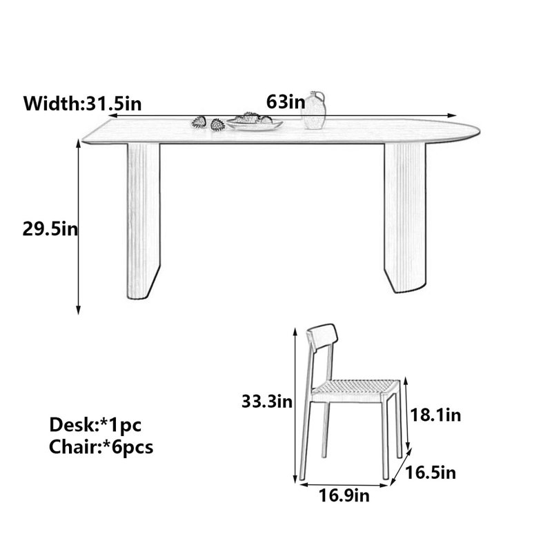 Table de salle à manger Modern, 7 pièces : table, 6 chaises, H 29,5 po x l 63 po x P 31,5 po