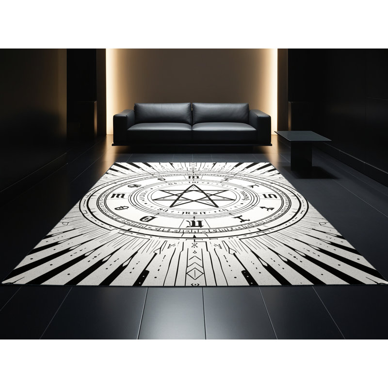Tapis à motif géométrique doux et moelleux en cercle géométrique sur fond blanc - noir, 6 x 9