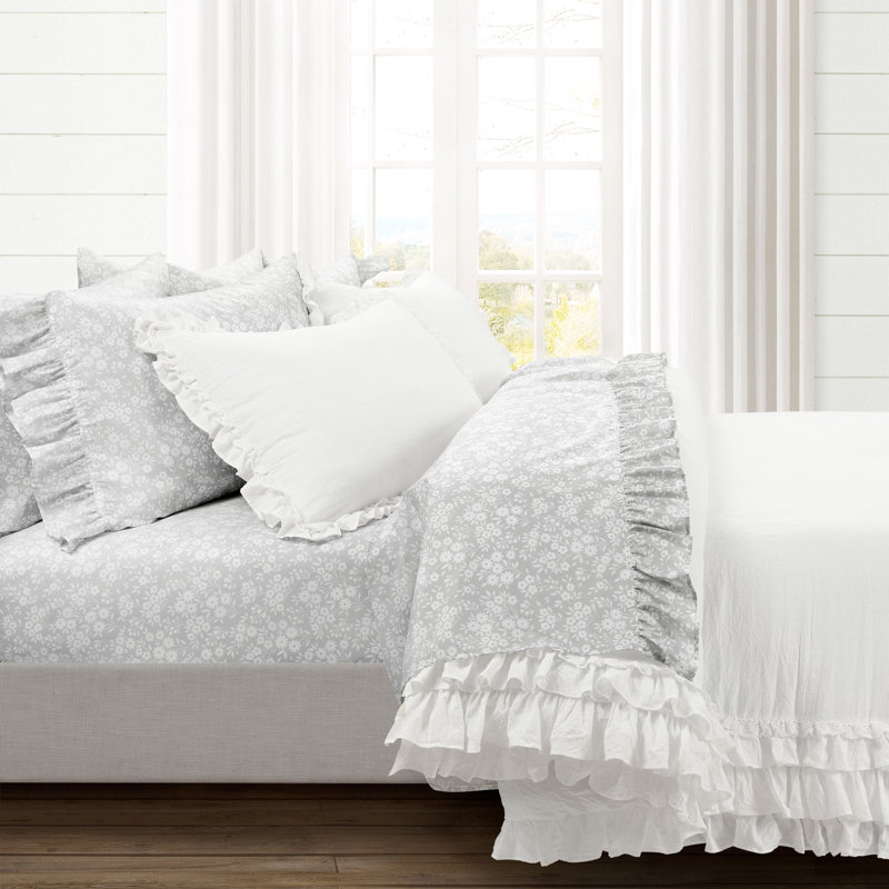 Gray Floral Microfiber Twin XL Ruffle Sheet Set