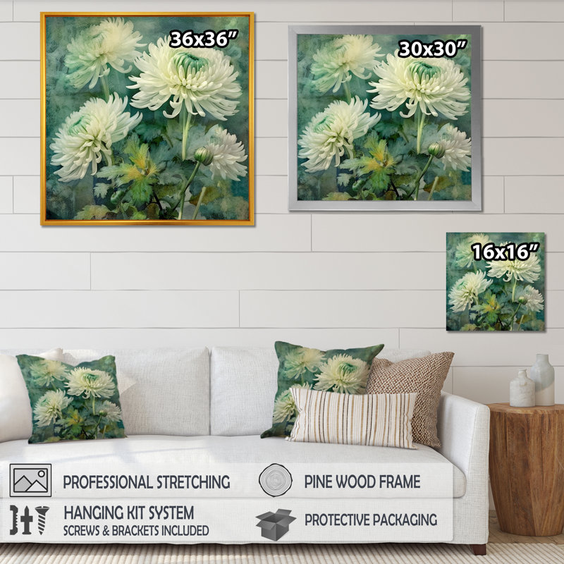 «White and Green Chrysanthemums Collage», art mural sur toile de chrysanthèmes, H 16 po x l 16 po, Toile tendue