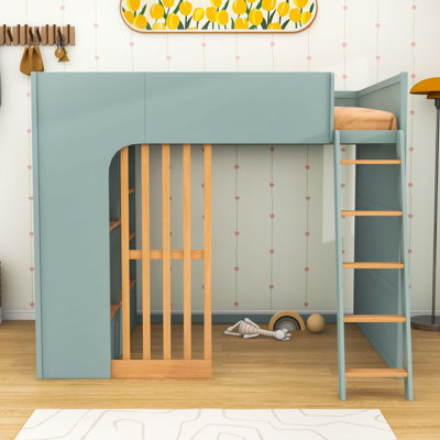 Lit mezzanine en bois 1 tiroir avec échelle, garde-corps et tablettes intégrées
