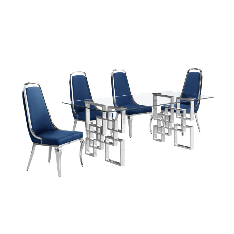 Kalen 4 - Person Glass Top Double Pedestal Dining Set, Navy Blue
