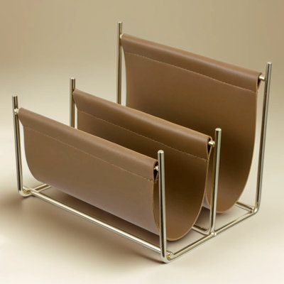 Two Slot Modern Mail Holder and Letter Sorter with Brass Tone Metal Frame and Leatherette Sling for Entryway Desk or Tabletop