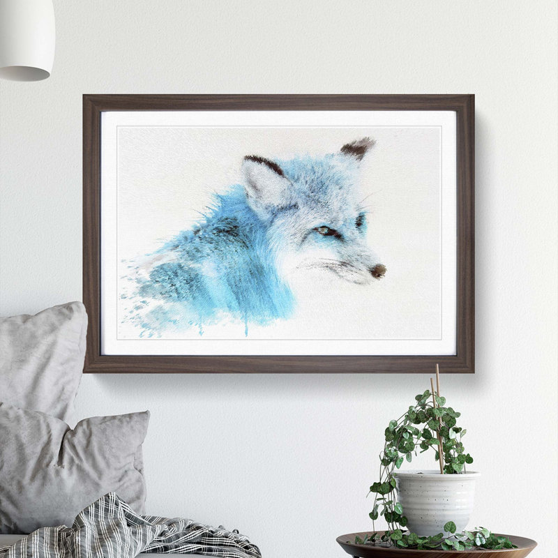 A Blue Fox in Abstract - Picture Frame Painting Print, 27cm H x 36cm W x 2cm D, Walnut Framed