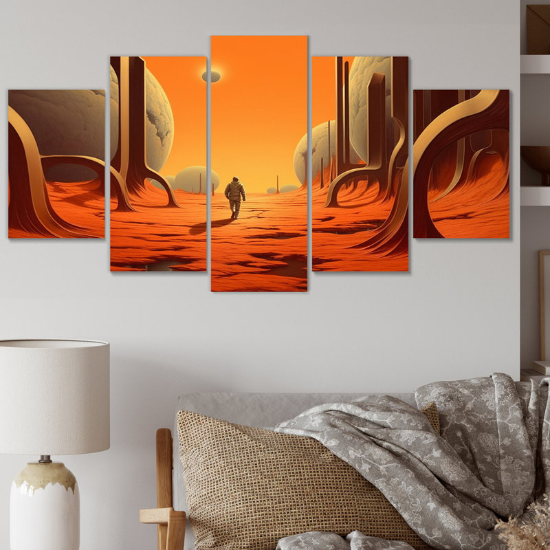 «Alone Wandering In Futuristic Dessert I - Abstract Landscape Wall Art Living Room - 5 Panels»