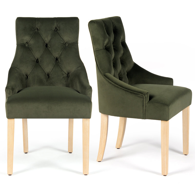 Set Of 2 Green Tufted Velvet Dining Chairs With Solid Wood Legs Elegant Upholstered Parsons-Style Side Chairs For The Kitchen, Dining Room, And Living Room