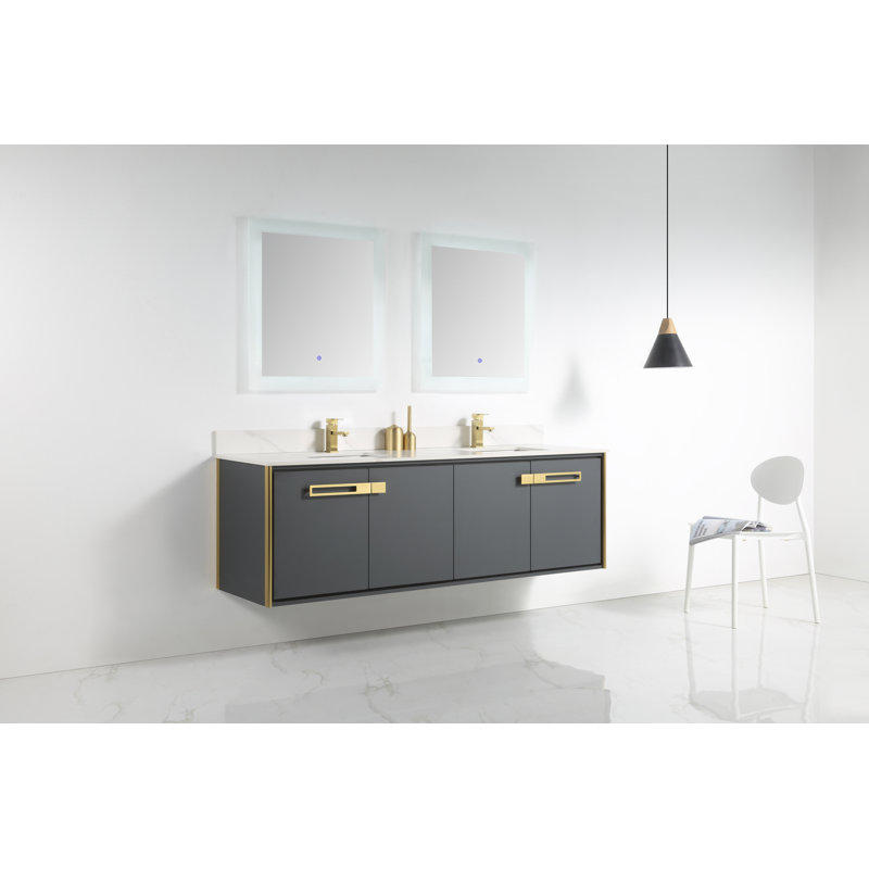 Meuble-lavabo double l 72 po x P 20,06 po x H 23,25 po, Laiton satiné, Gris Onix