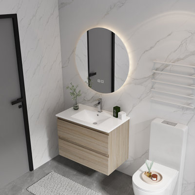 Meuble-lavabo mural 30 po avec lavabo en céramique et 2 tiroirs à fermeture en douceur