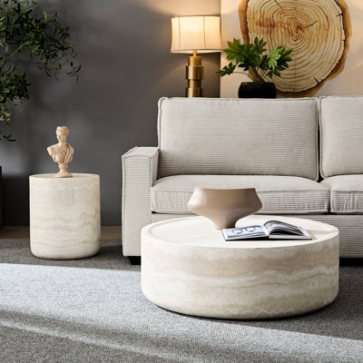 2 tables basses et tables d'appoint en simili-texture, formes rondes en fibre de verre, sans assemblage, utilisation polyvalente du salon et style douillet