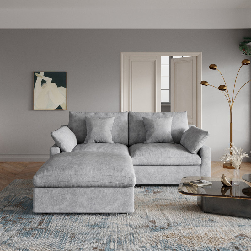 Slipcovered Upholstered Modular Sofa With Ottoman, 29.53" H x 82.68" W x 77.95" D, Gray