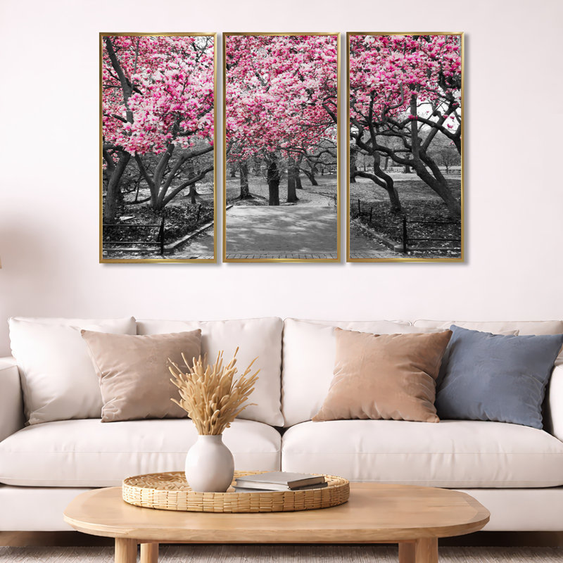 Fleurs de cerisier - ensemble de 3 reproductions d'art encadrées sur toile, H 32 po x l 48 po, Or