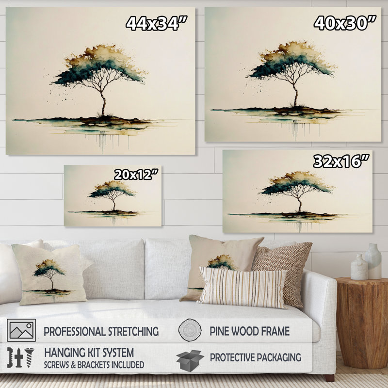 «Lonely Green Watercolor Tree II», reproduction sur toile, H 12 po x l 20 po x P 1 po, Toile tendue