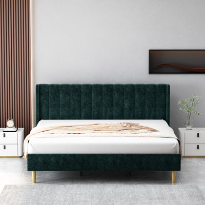 Deeb Luxury Corduroy Upholstered Platform Bed Frame - Modern Wingback Design,No Box Spring Needed, Noise-Free