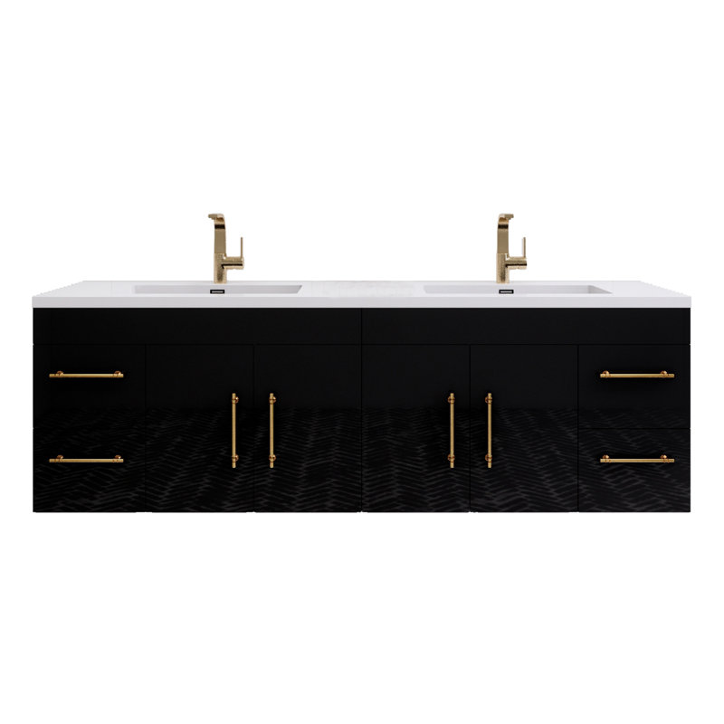 Ensemble de meuble-lavabo double mural 72 po Spring, Noir lustré