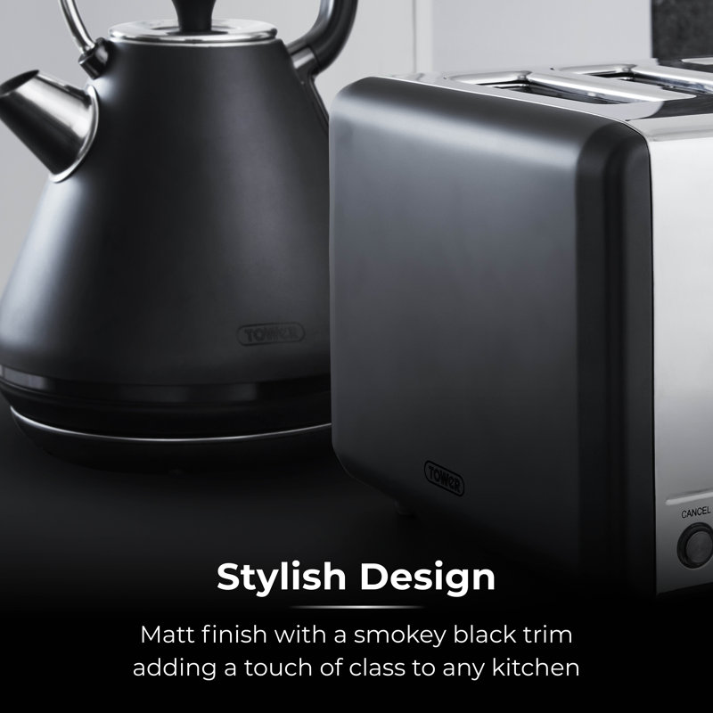 Tower Sera 4 Slice Toaster with 6 Browning and Defrost/Reheat/Cancel Functions, 1800W, Black